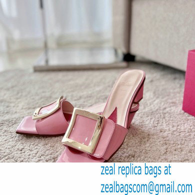 Roger Vivier Heel 4.5cm Love Metal Buckle Mules in Patent Leather Pink - Click Image to Close