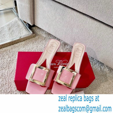 Roger Vivier Heel 4.5cm Love Metal Buckle Mules in Patent Leather Pink - Click Image to Close