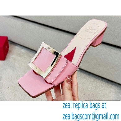Roger Vivier Heel 4.5cm Love Metal Buckle Mules in Patent Leather Pink - Click Image to Close