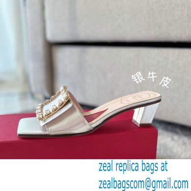 Roger Vivier Heel 4.5cm Love Rhinestone Buckle Mules Silver