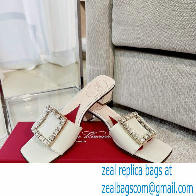 Roger Vivier Heel 4.5cm Love Rhinestone Buckle Mules White - Click Image to Close