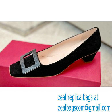 Roger Vivier Heel 4.5cm Stone Buckle Pumps in Suede Black