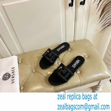 Versace Greca Maze Calfskin Flat Sandals Black 2022 - Click Image to Close
