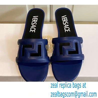 Versace Greca Maze Calfskin Flat Sandals Blue 2022 - Click Image to Close