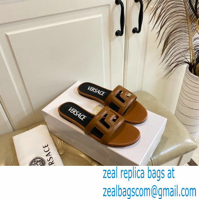 Versace Greca Maze Calfskin Flat Sandals Brown 2022