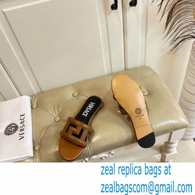 Versace Greca Maze Calfskin Flat Sandals Brown 2022 - Click Image to Close
