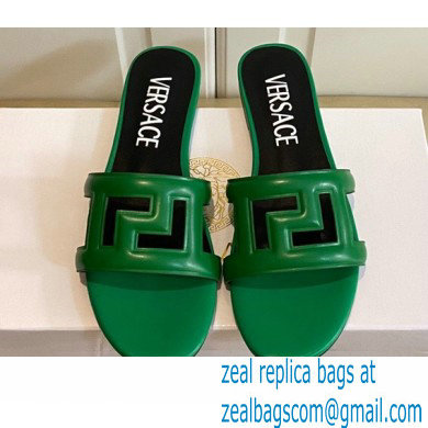 Versace Greca Maze Calfskin Flat Sandals Green 2022 - Click Image to Close