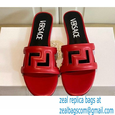 Versace Greca Maze Calfskin Flat Sandals Red 2022