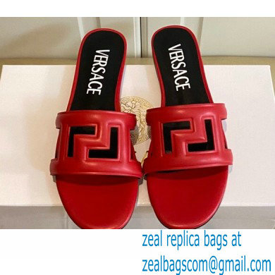 Versace Greca Maze Calfskin Flat Sandals Red 2022 - Click Image to Close