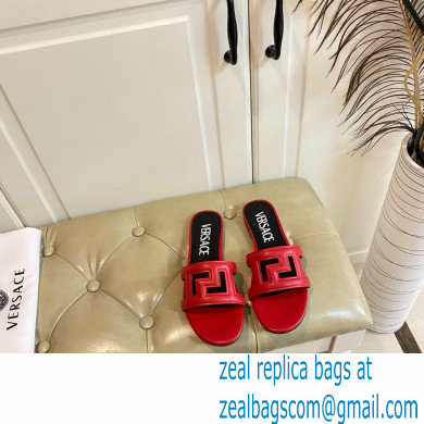 Versace Greca Maze Calfskin Flat Sandals Red 2022 - Click Image to Close