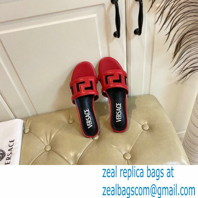 Versace Greca Maze Calfskin Flat Sandals Red 2022 - Click Image to Close