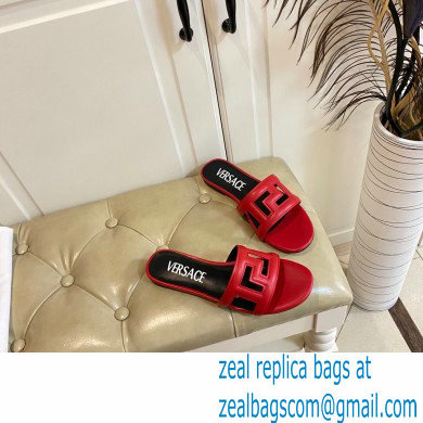 Versace Greca Maze Calfskin Flat Sandals Red 2022 - Click Image to Close