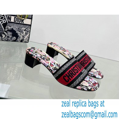 dior 4cm Black Multicolor de Jouy Embroidered Cotton Dway Heeled Slide 2022 - Click Image to Close