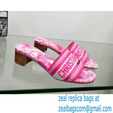 dior 4cm Bright Pink Toile de Jouy Embroidered Cotton Dway Heeled Slide 2022 - Click Image to Close