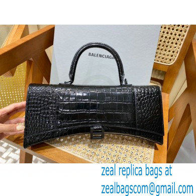 BALENCIAGA Hourglass PLUS Handbag in black shiny crocodile embossed calfskin with black hardware 2022