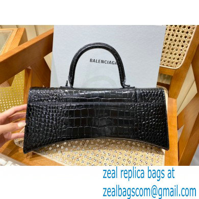 BALENCIAGA Hourglass PLUS Handbag in black shiny crocodile embossed calfskin with black hardware 2022