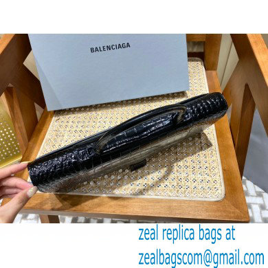 BALENCIAGA Hourglass PLUS Handbag in black shiny crocodile embossed calfskin with black hardware 2022 - Click Image to Close