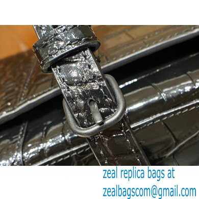 BALENCIAGA Hourglass PLUS Handbag in black shiny crocodile embossed calfskin with black hardware 2022