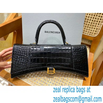 BALENCIAGA Hourglass PLUS Handbag in black shiny crocodile embossed calfskin with golden hardware 2022