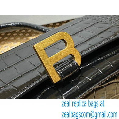 BALENCIAGA Hourglass PLUS Handbag in black shiny crocodile embossed calfskin with golden hardware 2022