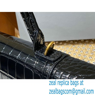 BALENCIAGA Hourglass PLUS Handbag in black shiny crocodile embossed calfskin with golden hardware 2022