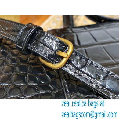 BALENCIAGA Hourglass PLUS Handbag in black shiny crocodile embossed calfskin with golden hardware 2022