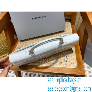 BALENCIAGA Hourglass PLUS Handbag in white shiny crocodile embossed calfskin with golden hardware 2022