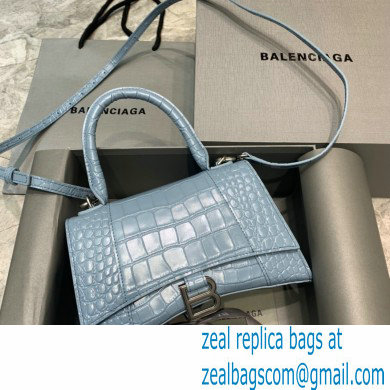 BALENCIAGA Hourglass Small Handbag in Linen Blue shiny crocodile embossed calfskin 2022