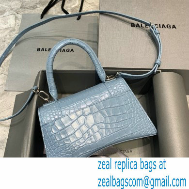 BALENCIAGA Hourglass Small Handbag in Linen Blue shiny crocodile embossed calfskin 2022