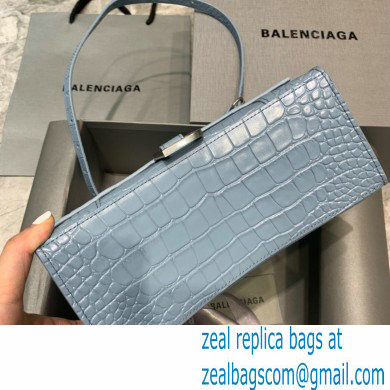 BALENCIAGA Hourglass Small Handbag in Linen Blue shiny crocodile embossed calfskin 2022