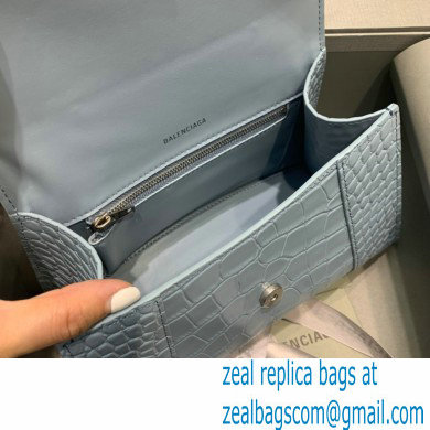 BALENCIAGA Hourglass Small Handbag in Linen Blue shiny crocodile embossed calfskin 2022