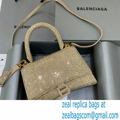 BALENCIAGA Hourglass Small Handbag in beige suede calfskin with rhinestones 2022