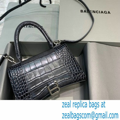 BALENCIAGA Hourglass Small Handbag in black crocodile embossed calfskin with aged silver hardware 2022 - Click Image to Close