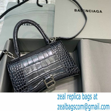 BALENCIAGA Hourglass Small Handbag in black crocodile embossed calfskin with aged silver hardware 2022