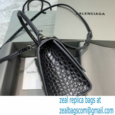 BALENCIAGA Hourglass Small Handbag in black crocodile embossed calfskin with aged silver hardware 2022