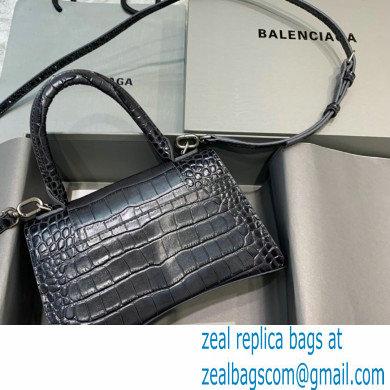 BALENCIAGA Hourglass Small Handbag in black crocodile embossed calfskin with aged silver hardware 2022 - Click Image to Close