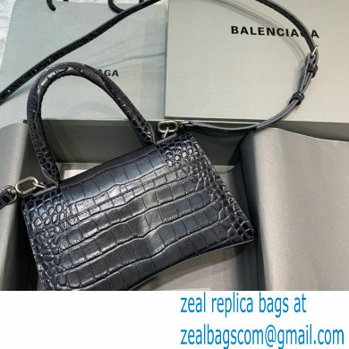 BALENCIAGA Hourglass Small Handbag in black crocodile embossed calfskin with aged silver hardware 2022