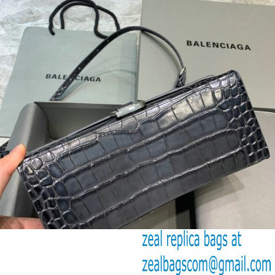 BALENCIAGA Hourglass Small Handbag in black crocodile embossed calfskin with aged silver hardware 2022 - Click Image to Close