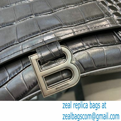 BALENCIAGA Hourglass Small Handbag in black crocodile embossed calfskin with aged silver hardware 2022