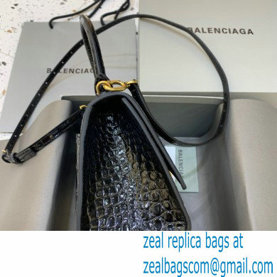 BALENCIAGA Hourglass Small Handbag in black shiny crocodile embossed calfskin with gold hardware 2022