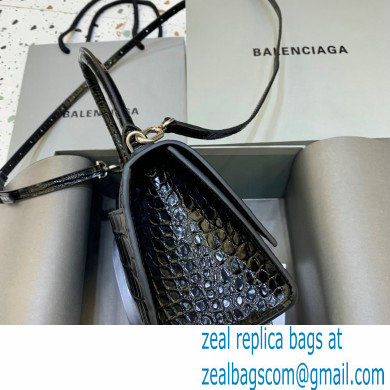 BALENCIAGA Hourglass Small Handbag in black shiny crocodile embossed calfskin with silver hardware 2022