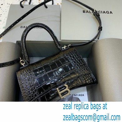 BALENCIAGA Hourglass Small Handbag in black shiny crocodile embossed calfskin with silver hardware 2022