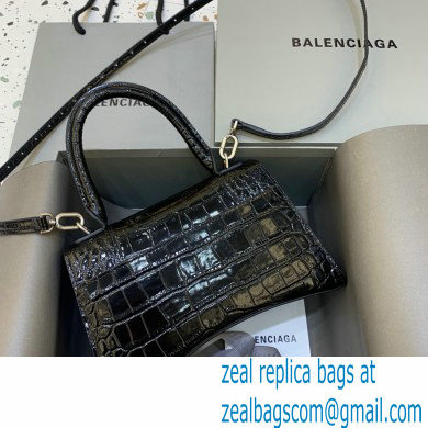 BALENCIAGA Hourglass Small Handbag in black shiny crocodile embossed calfskin with silver hardware 2022