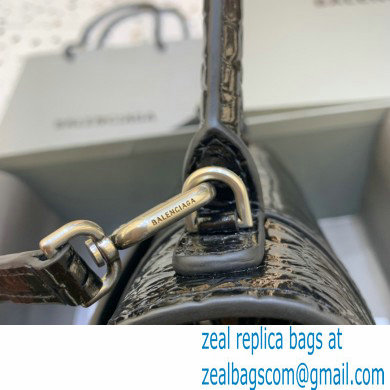 BALENCIAGA Hourglass Small Handbag in black shiny crocodile embossed calfskin with silver hardware 2022 - Click Image to Close