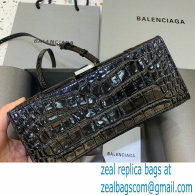 BALENCIAGA Hourglass Small Handbag in black shiny crocodile embossed calfskin with silver hardware 2022