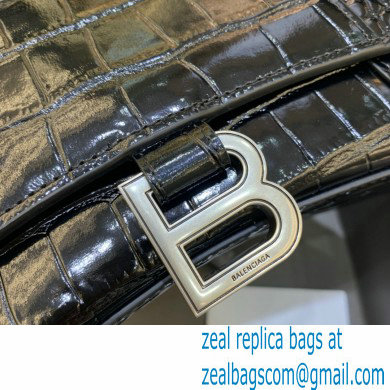 BALENCIAGA Hourglass Small Handbag in black shiny crocodile embossed calfskin with silver hardware 2022