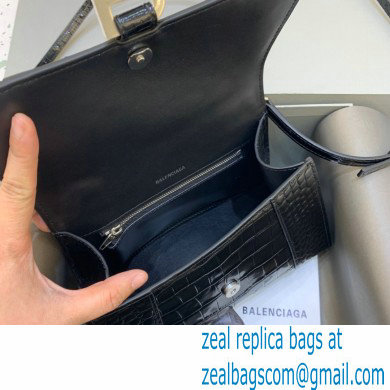 BALENCIAGA Hourglass Small Handbag in black shiny crocodile embossed calfskin with silver hardware 2022