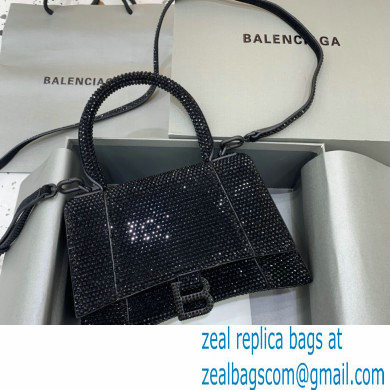 BALENCIAGA Hourglass Small Handbag in black suede calfskin with rhinestones 2022