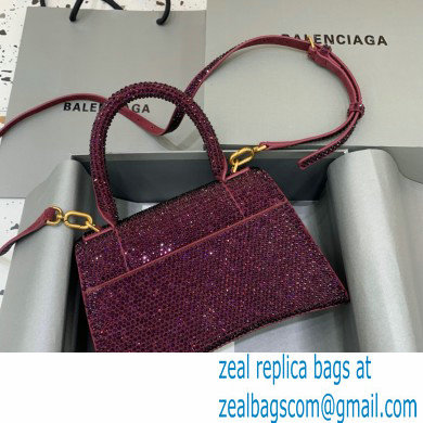 BALENCIAGA Hourglass Small Handbag in burgundy suede calfskin with rhinestones 2022