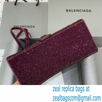 BALENCIAGA Hourglass Small Handbag in burgundy suede calfskin with rhinestones 2022